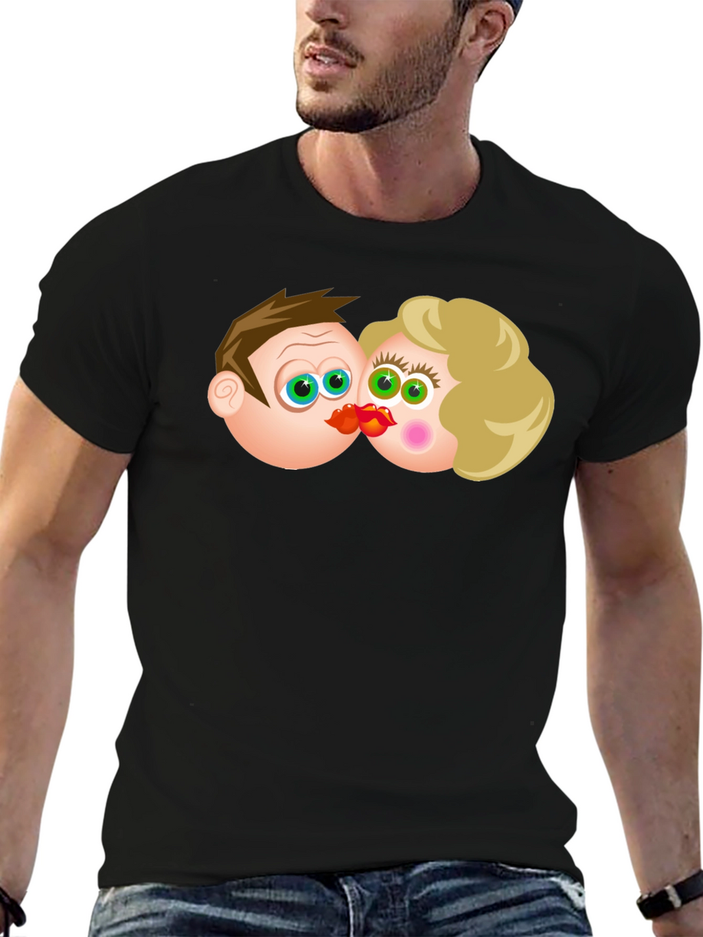 Cartoon Couple Kissing Black T-Shirt