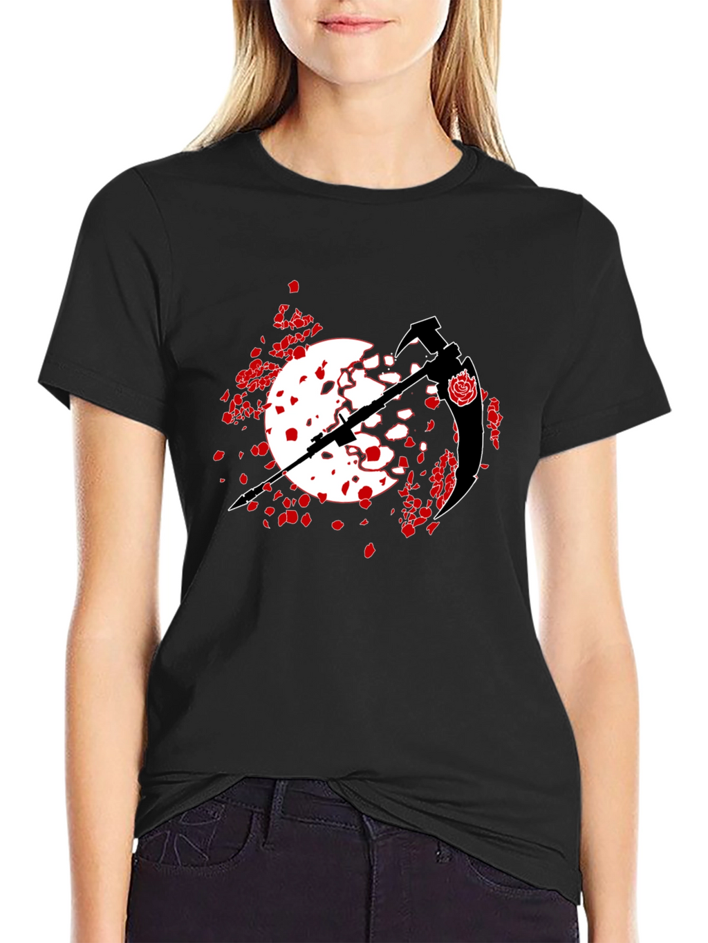 Black T-Shirt with Scythe and Rose Design