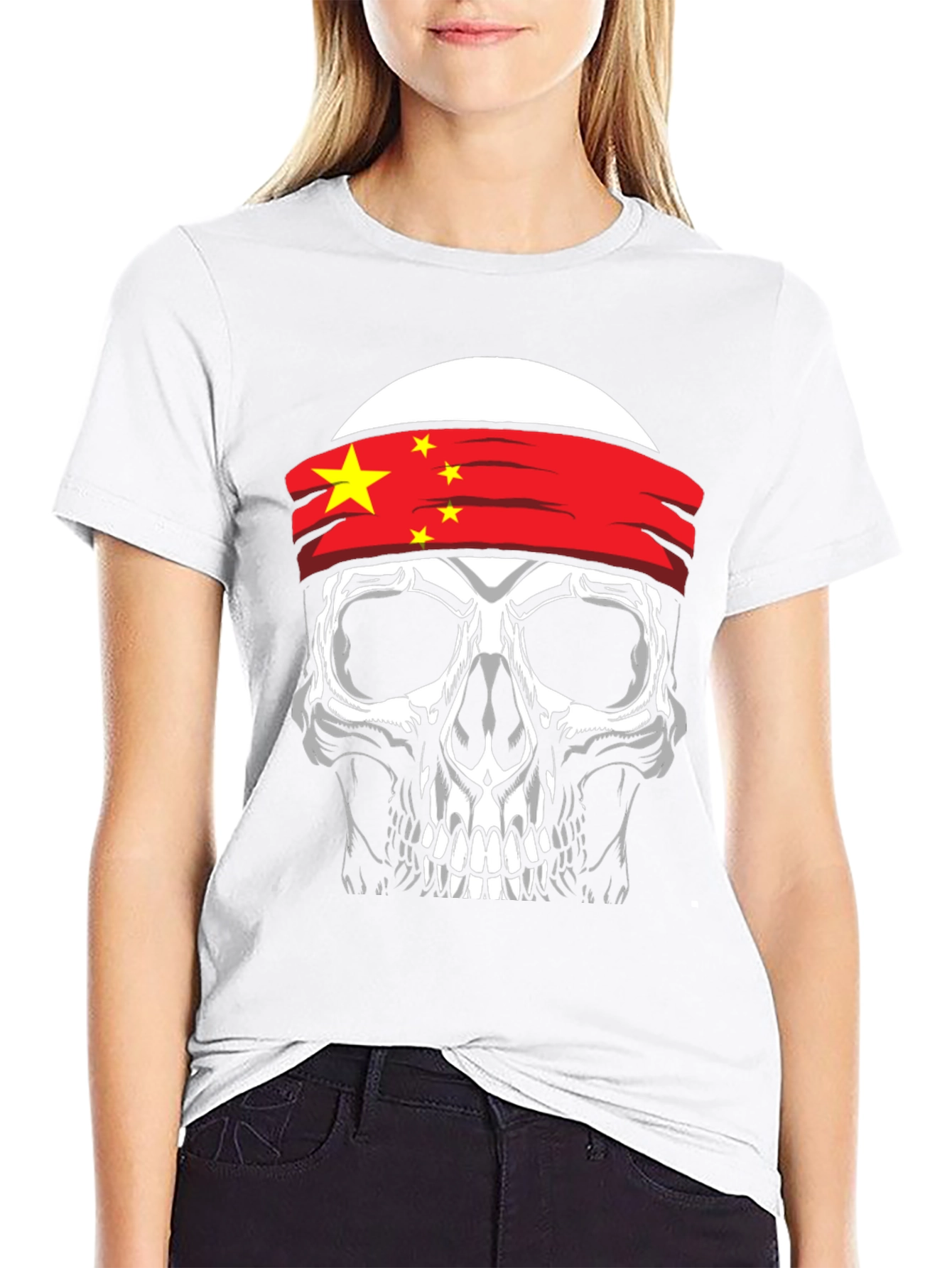 Skull with China Flag Headband Graphic T-Shirt