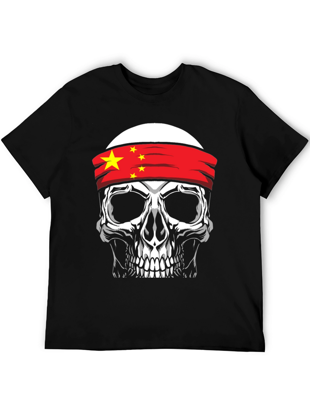 Skull with China Flag Headband Graphic T-Shirt