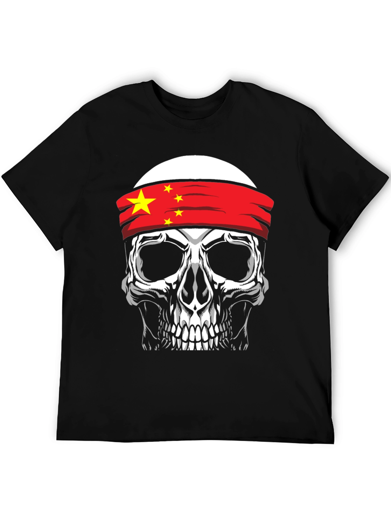 Skull with China Flag Headband Graphic T-Shirt