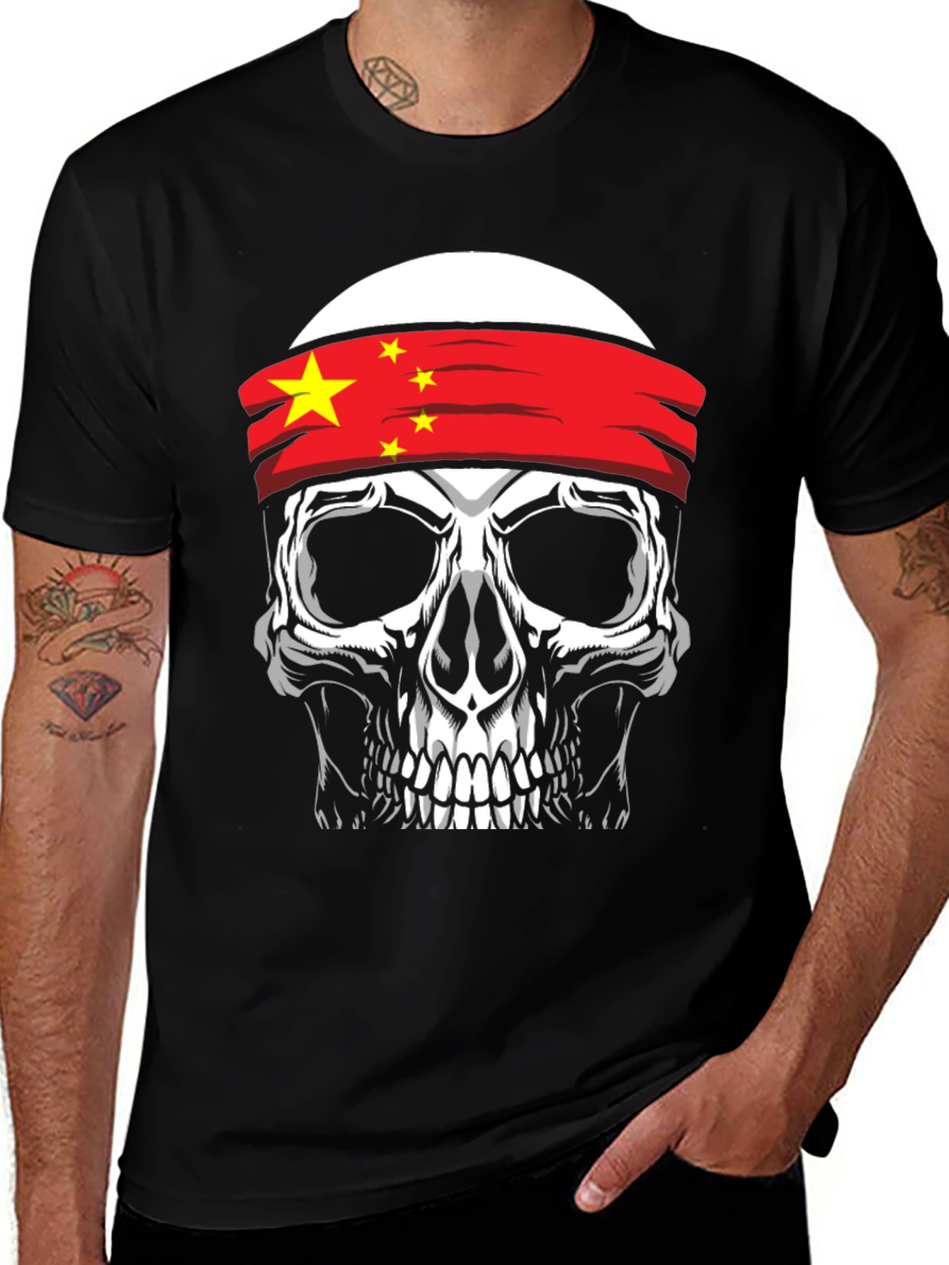 Skull with China Flag Headband Graphic T-Shirt
