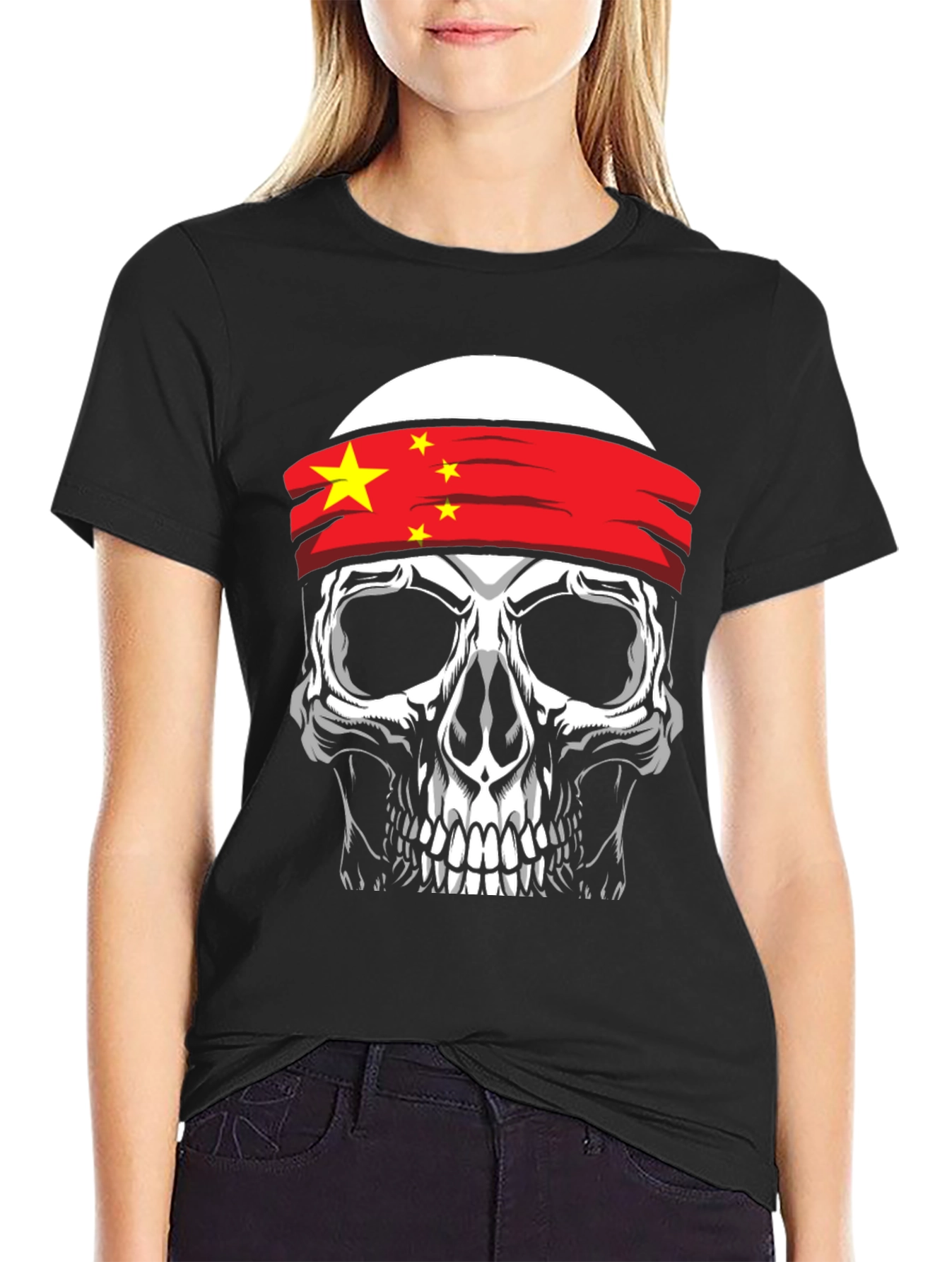 Skull with China Flag Headband Graphic T-Shirt