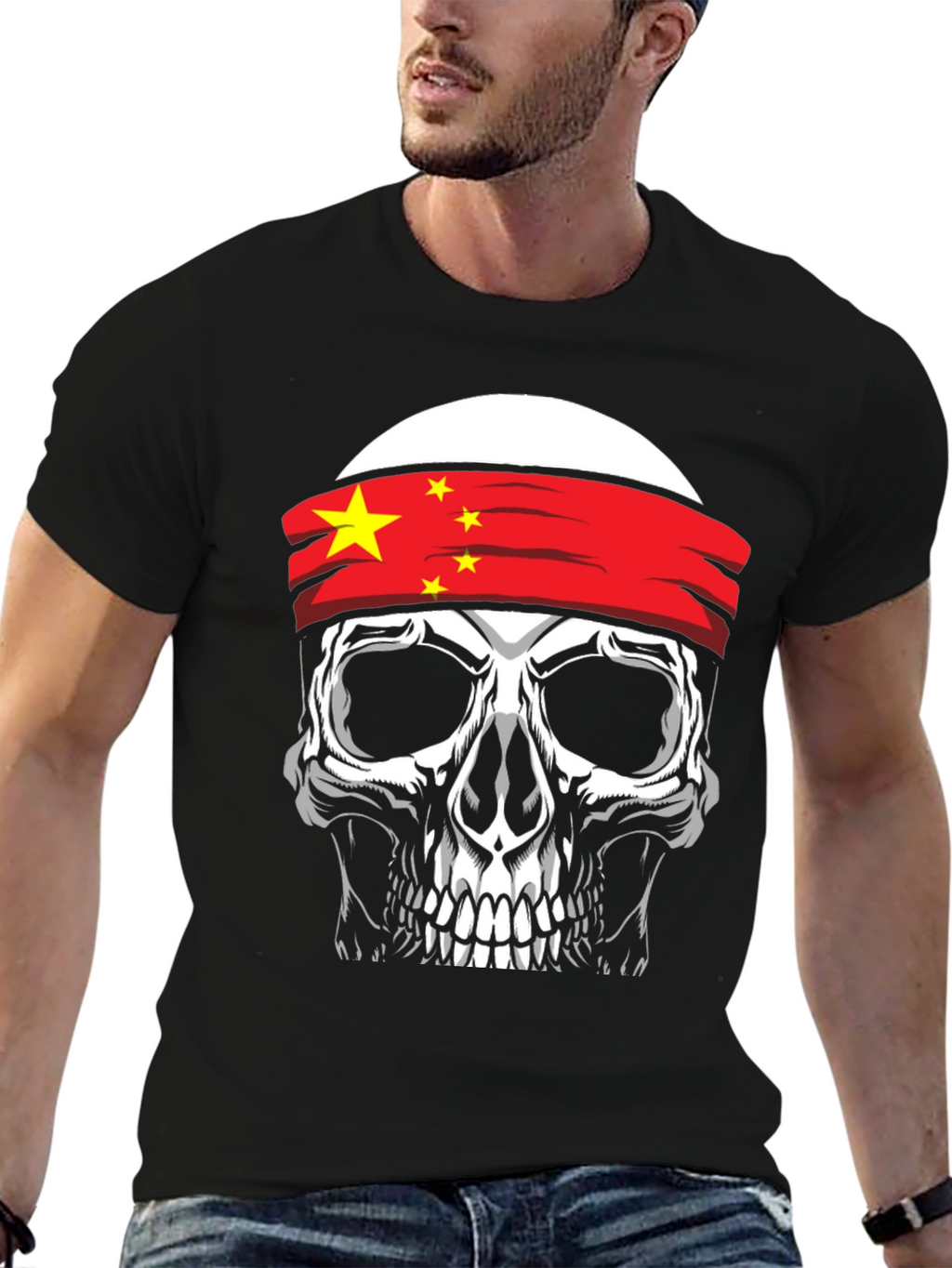 Skull with China Flag Headband Graphic T-Shirt