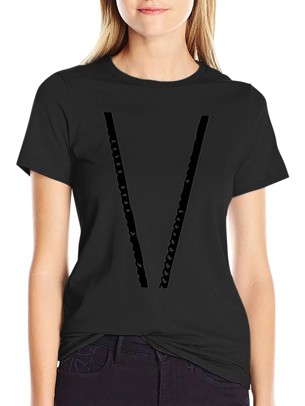 Mens Black V-Neck Chain Design T-Shirt