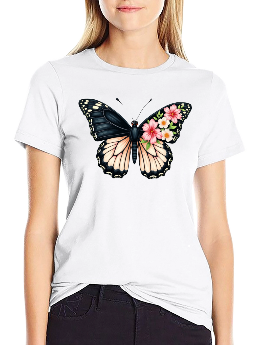 Butterfly Floral Graphic Black T-Shirt