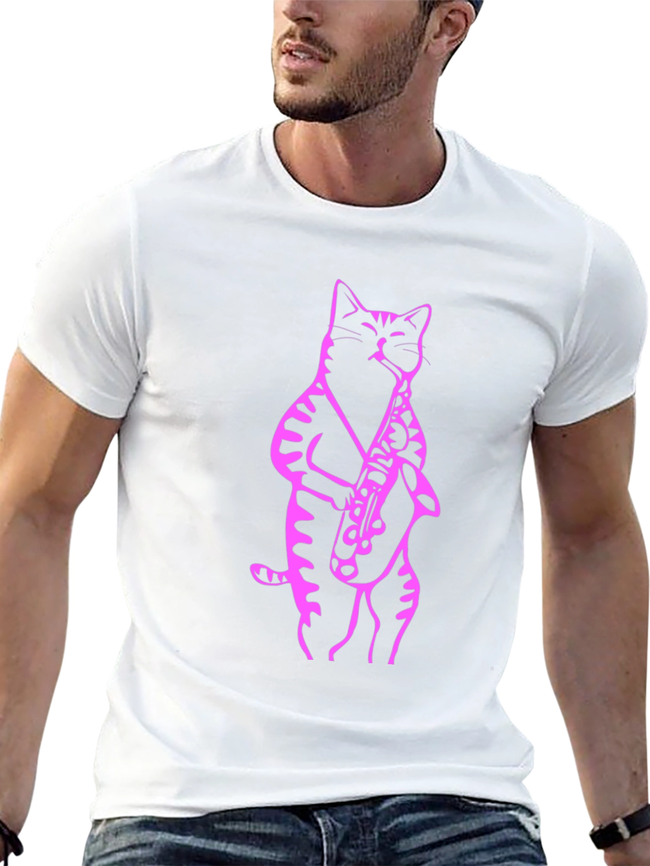 Cat Saxophone T-Shirt - Black Tee