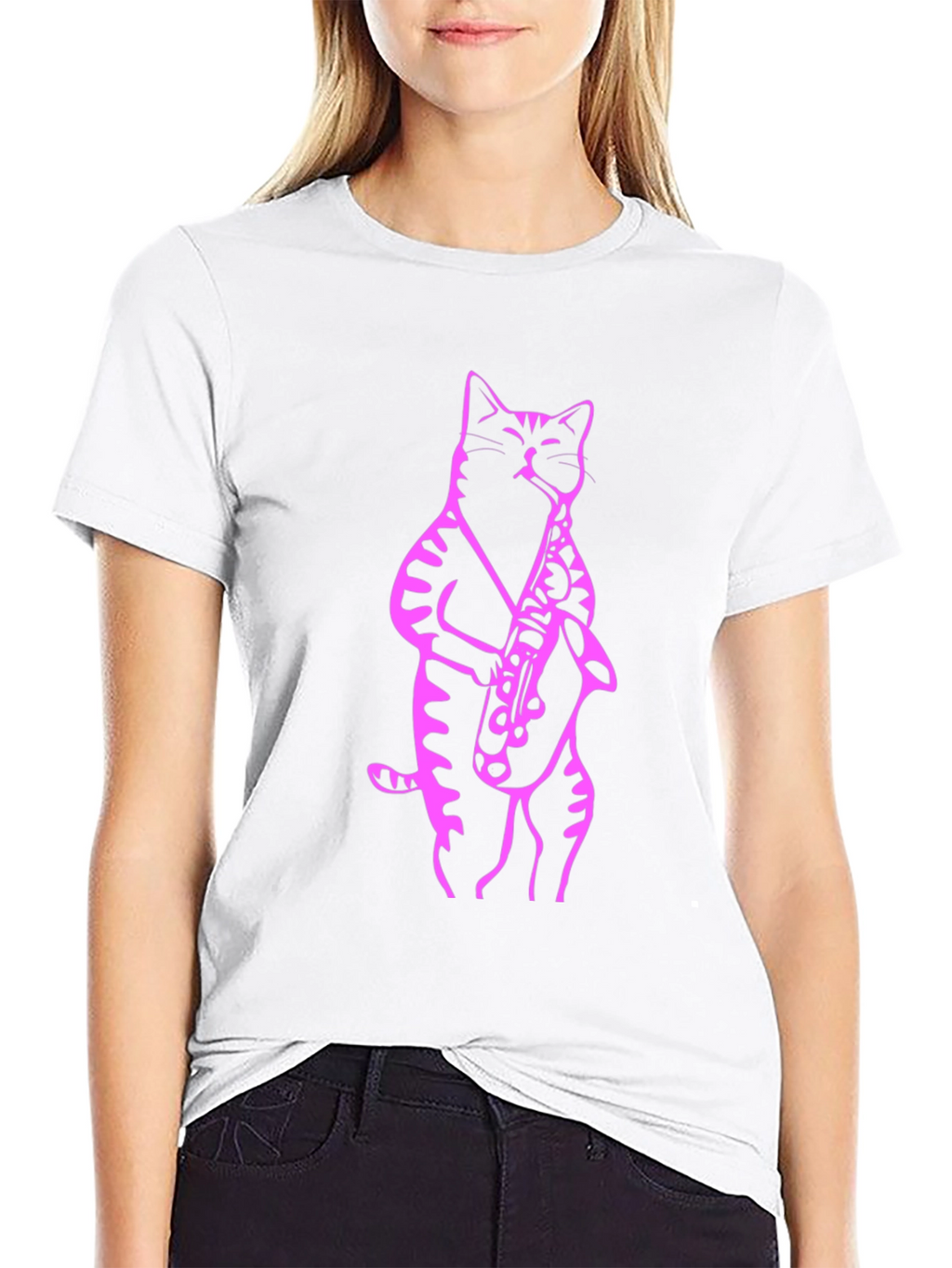 Cat Saxophone T-Shirt - Black Tee