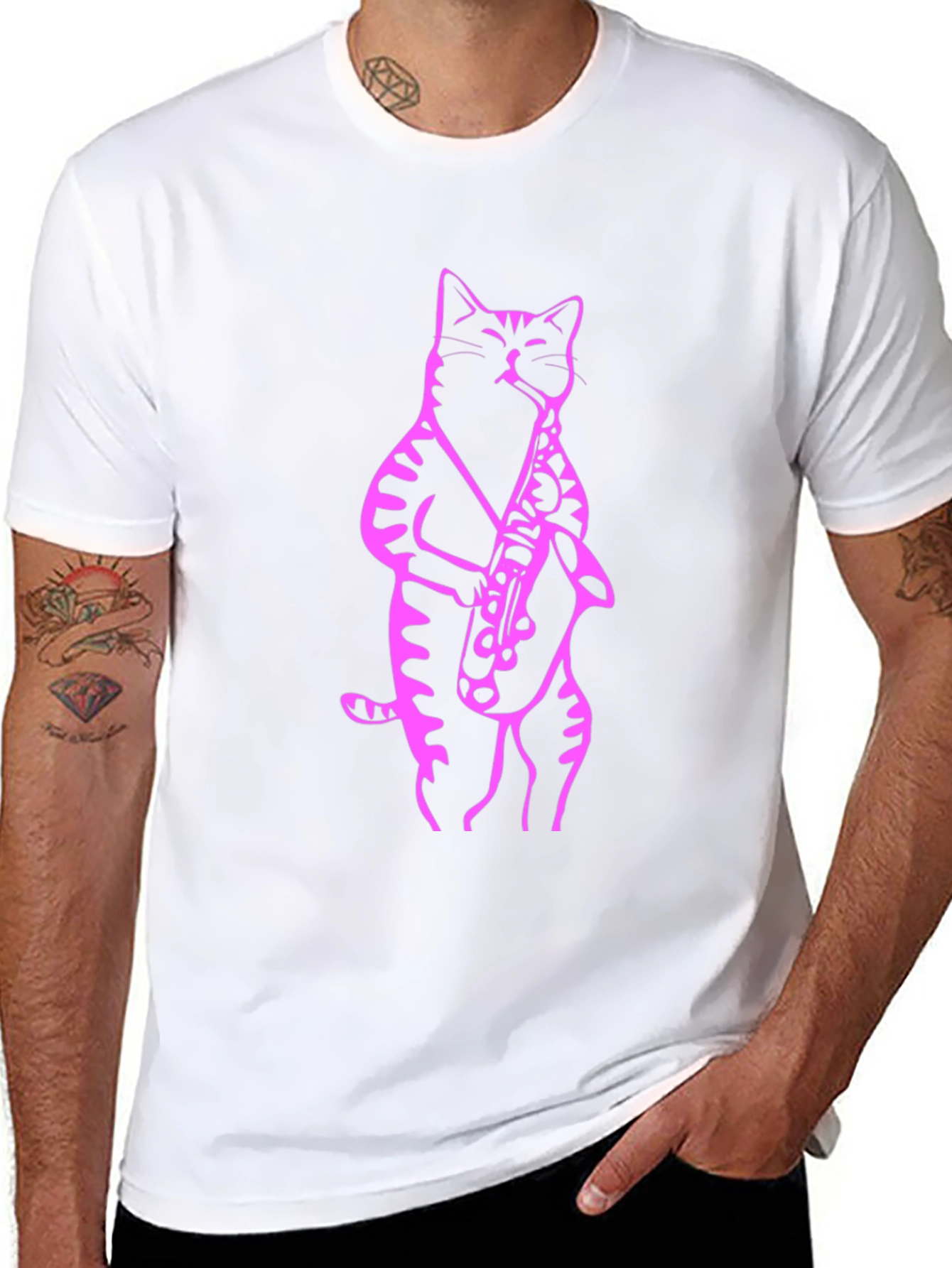 Cat Saxophone T-Shirt - Black Tee