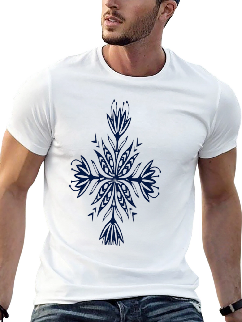 Mens Black T-Shirt with Blue Floral Design