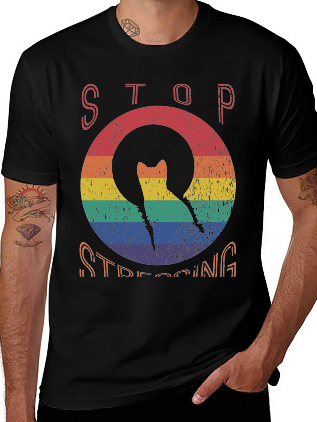 Stop Stressing Cat Tee - Rainbow Design
