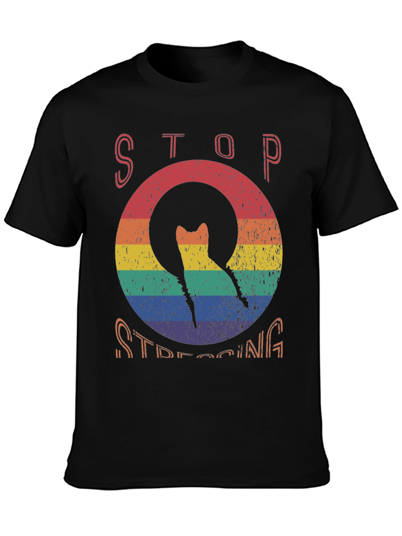 Stop Stressing Cat Tee - Rainbow Design