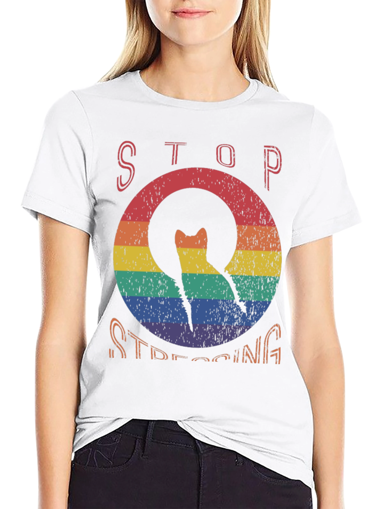 Stop Stressing Cat Tee - Rainbow Design