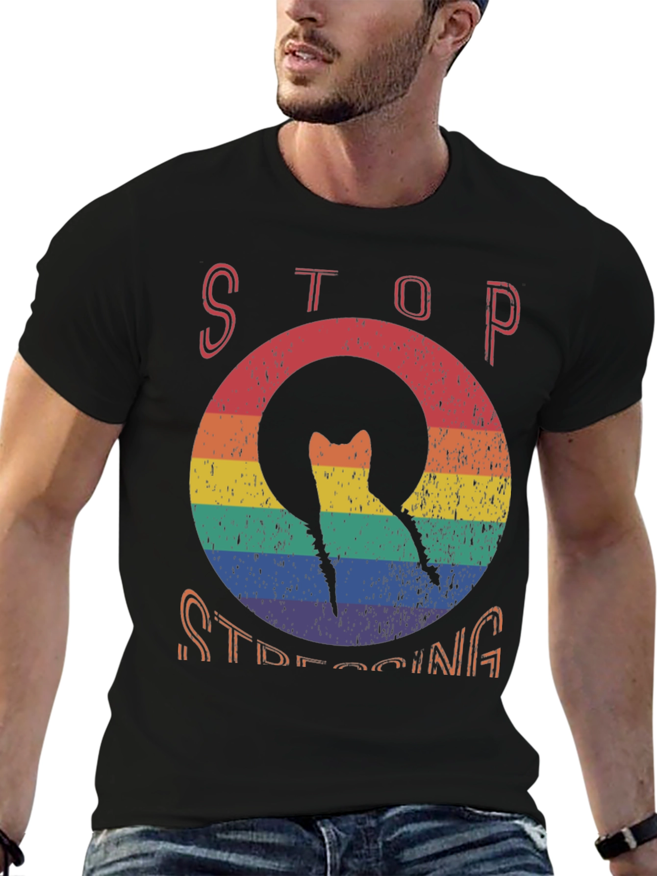Stop Stressing Cat Tee - Rainbow Design