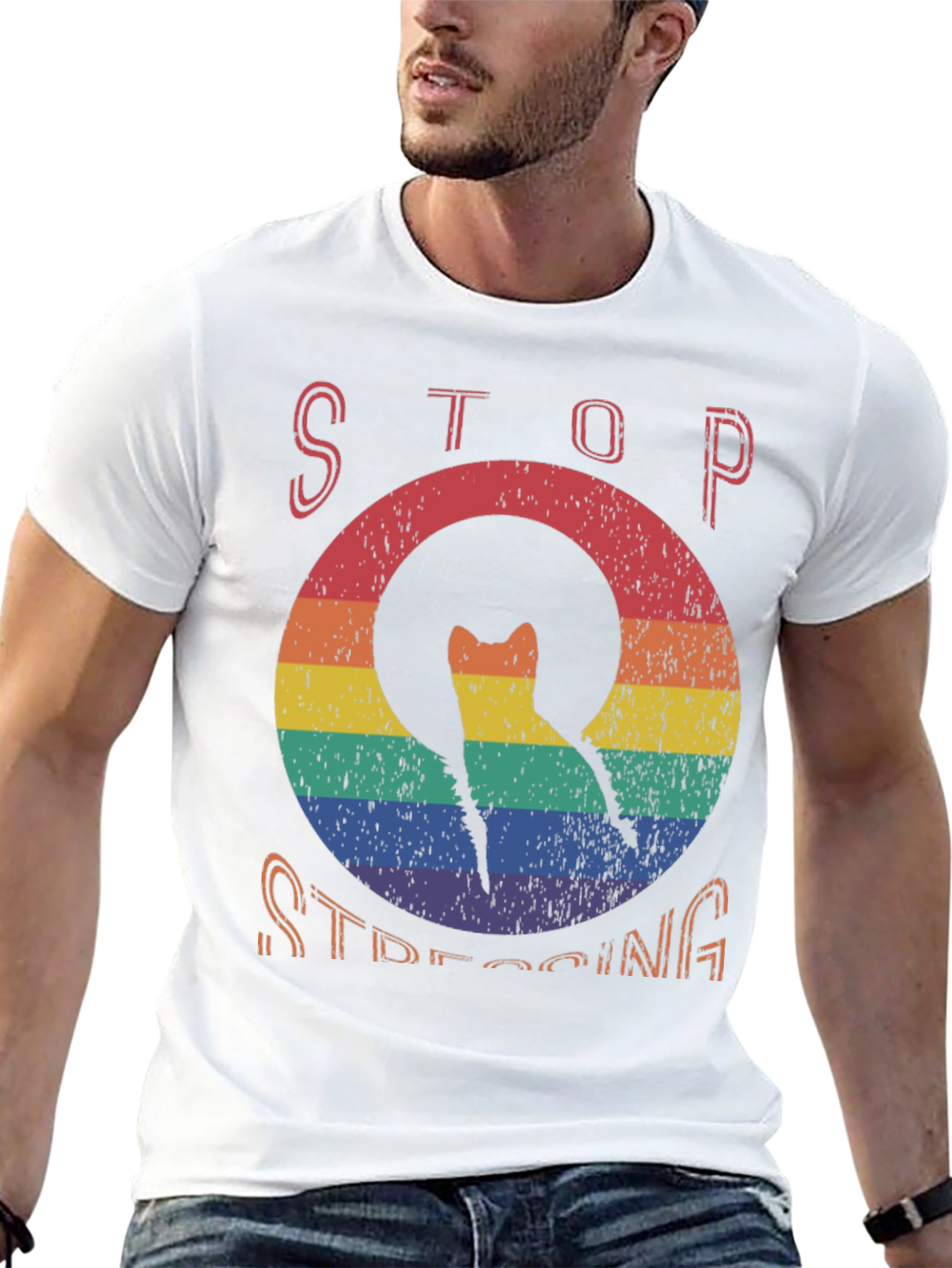 Stop Stressing Cat Tee - Rainbow Design