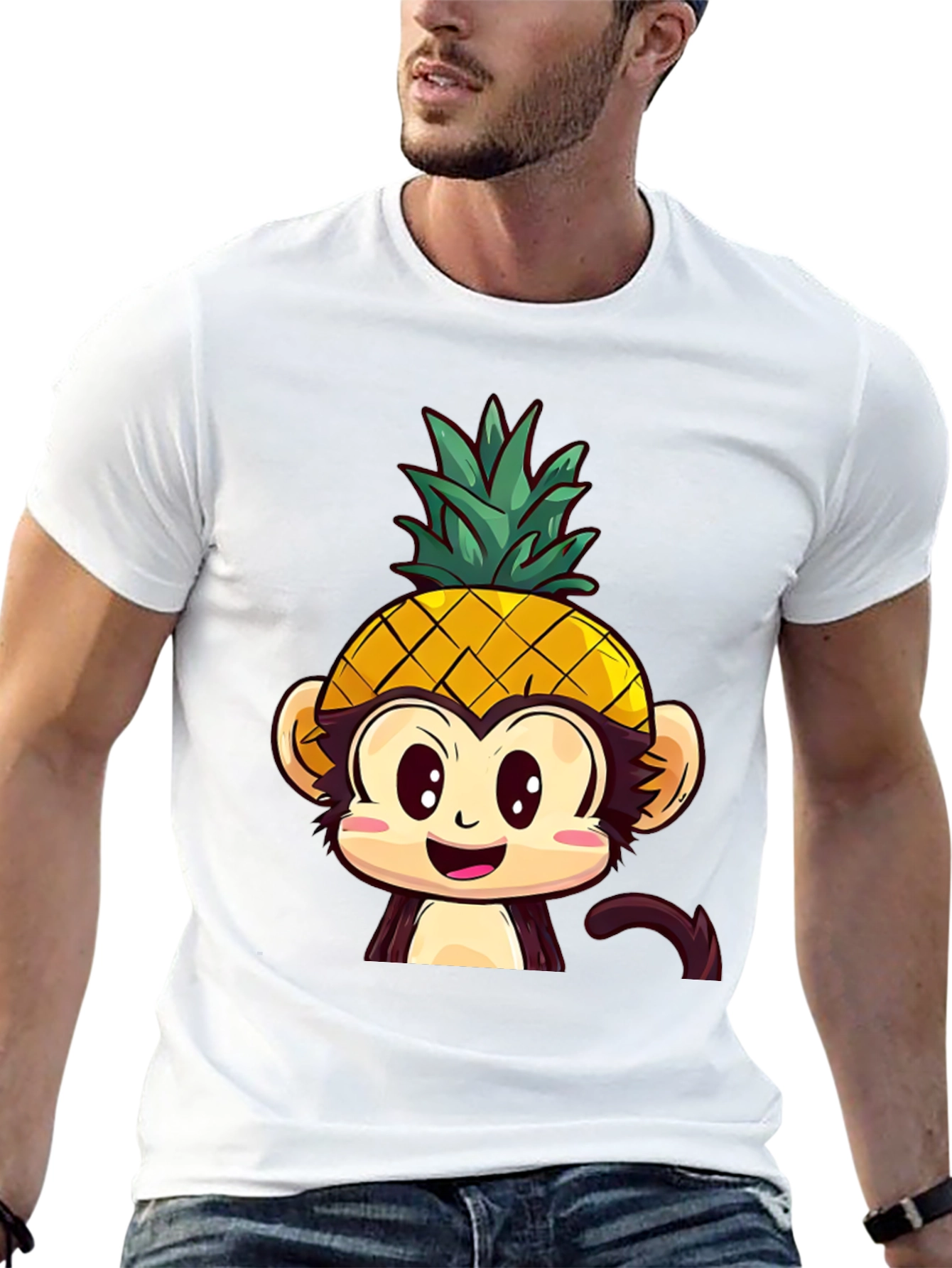 Pineapple Monkey Graphic T-Shirt - Quirky Cartoon Tee