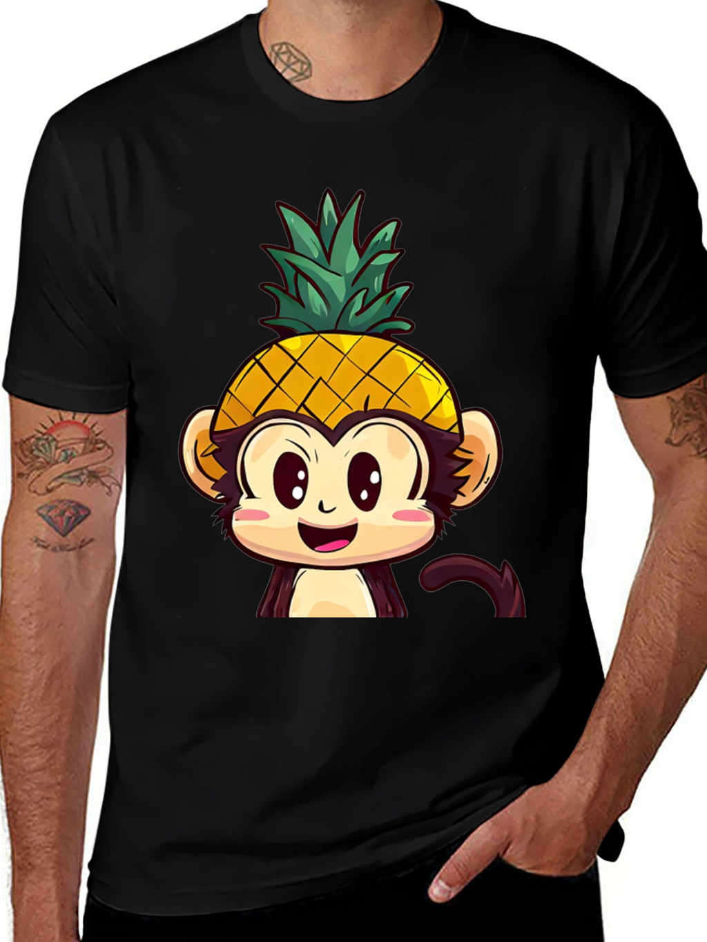 Pineapple Monkey Graphic T-Shirt - Quirky Cartoon Tee