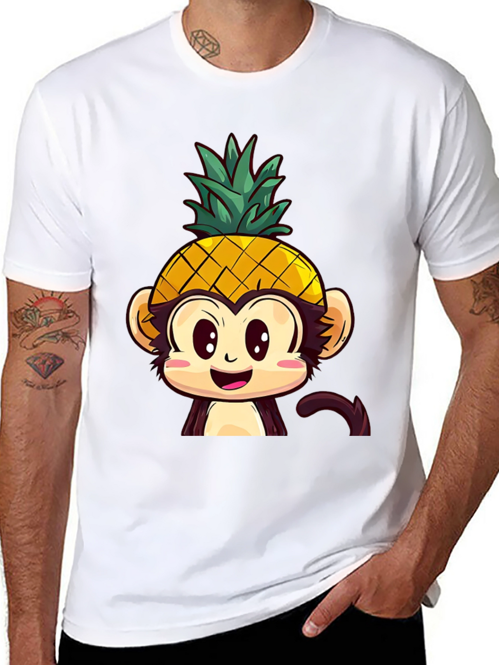 Pineapple Monkey Graphic T-Shirt - Quirky Cartoon Tee