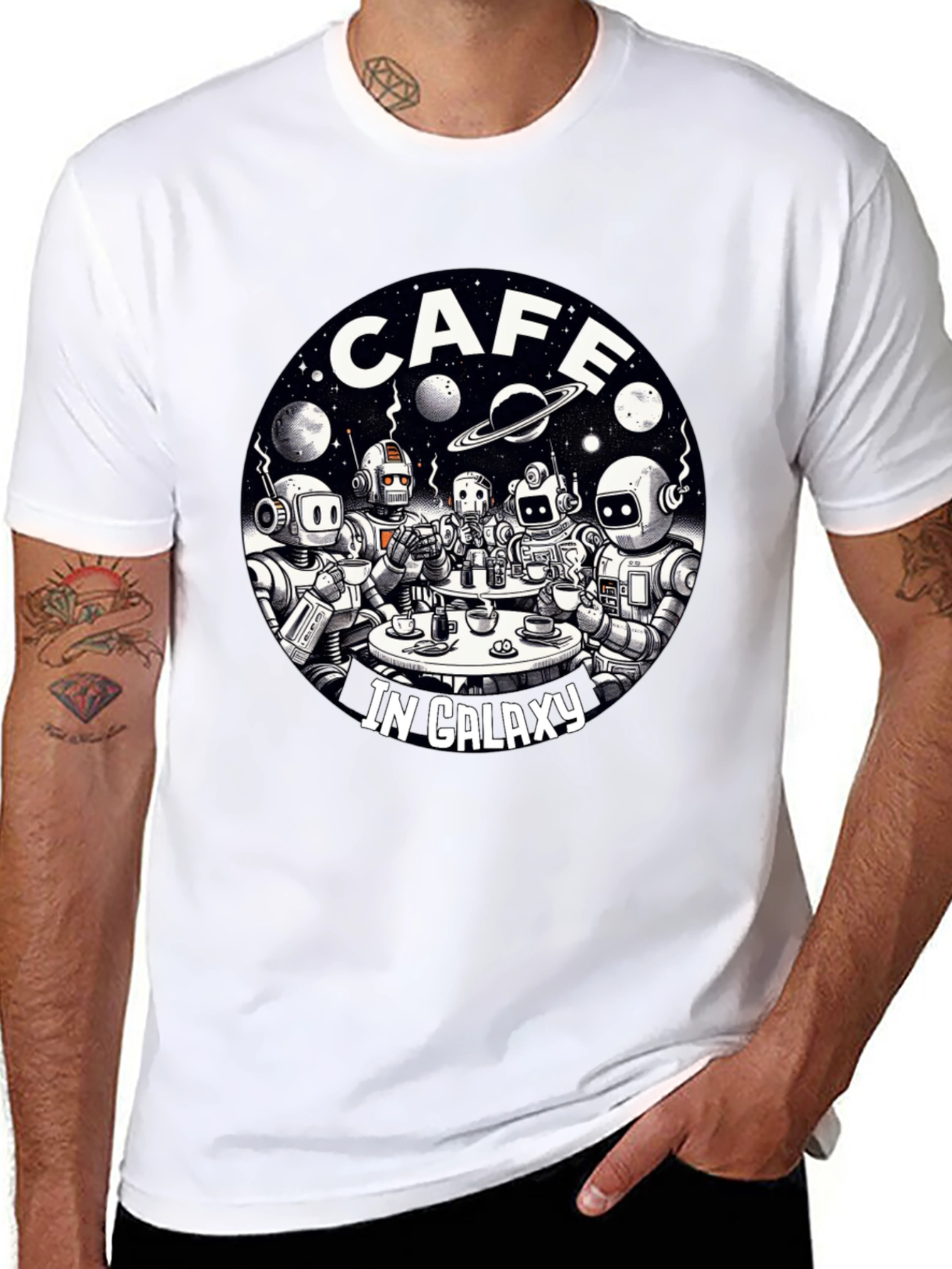 Cafe in Galaxy T-Shirt - Robot Coffee Shop Tee