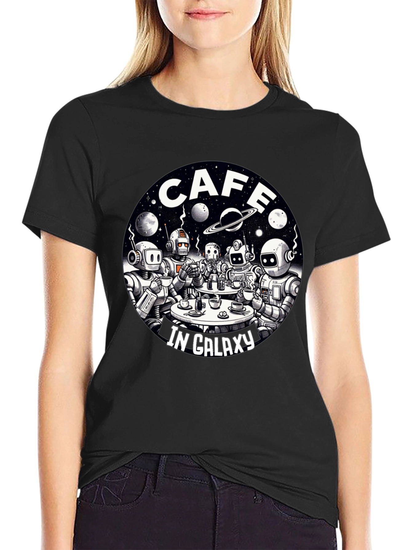 Cafe in Galaxy T-Shirt - Robot Coffee Shop Tee