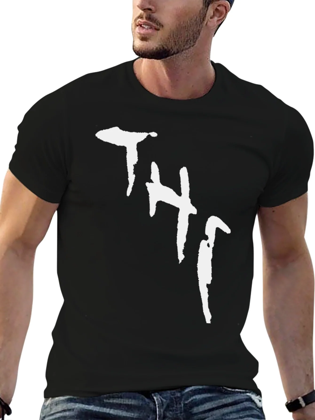 Black Tee with White Abstract THJ Print