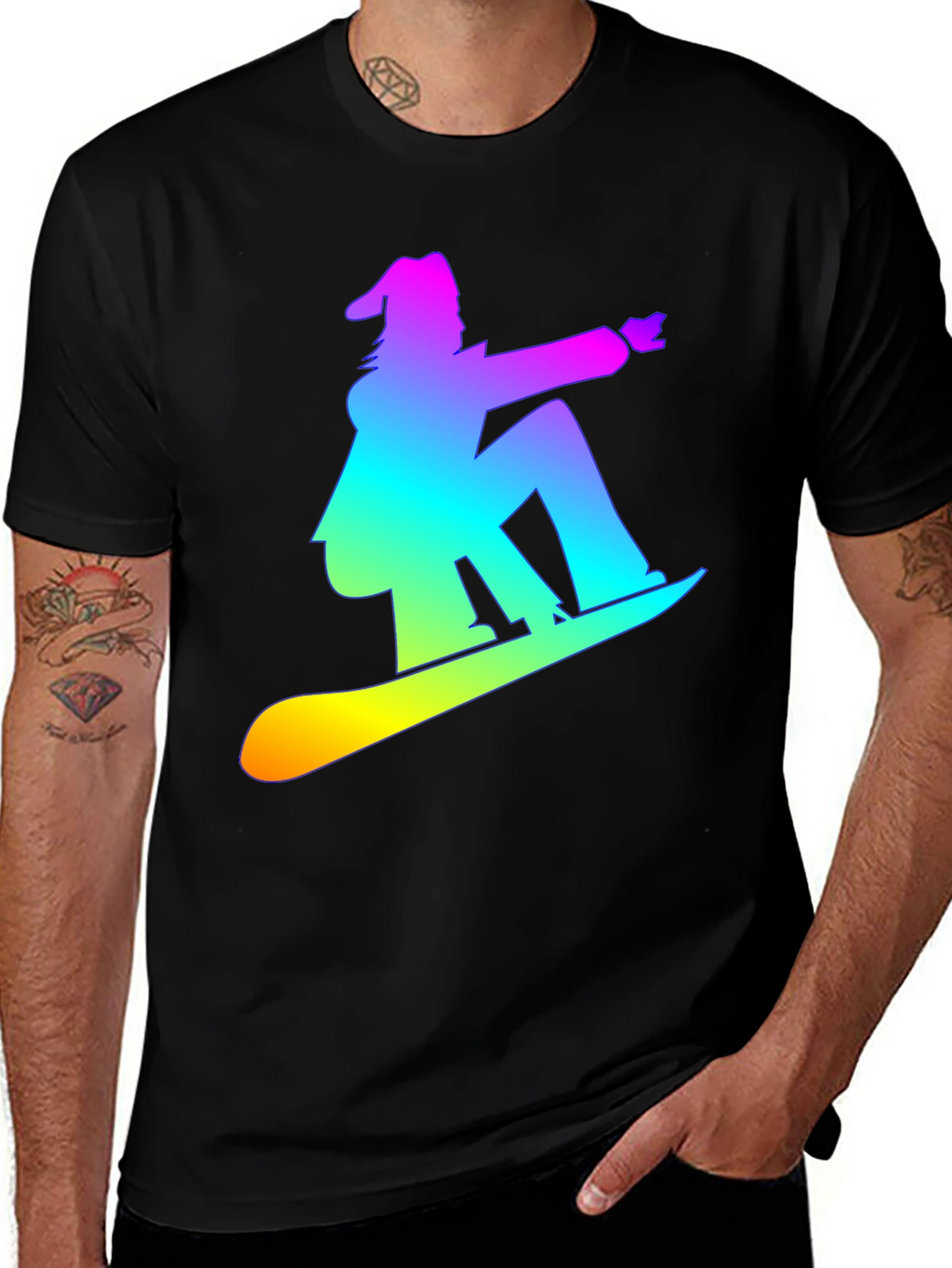 Rainbow Snowboarder Graphic Tee - Black T-Shirt