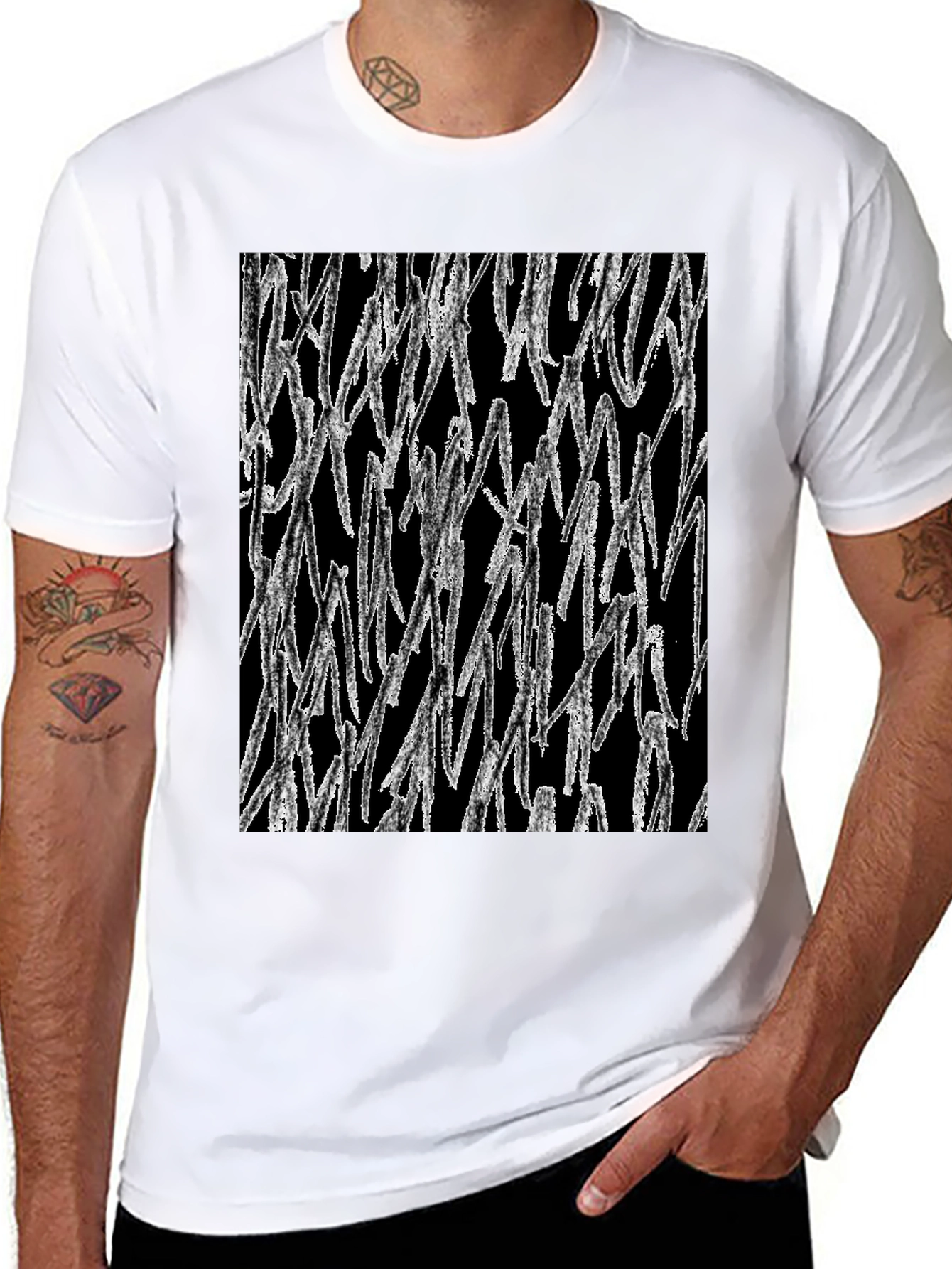 Abstract White Lines Graphic Black T-Shirt