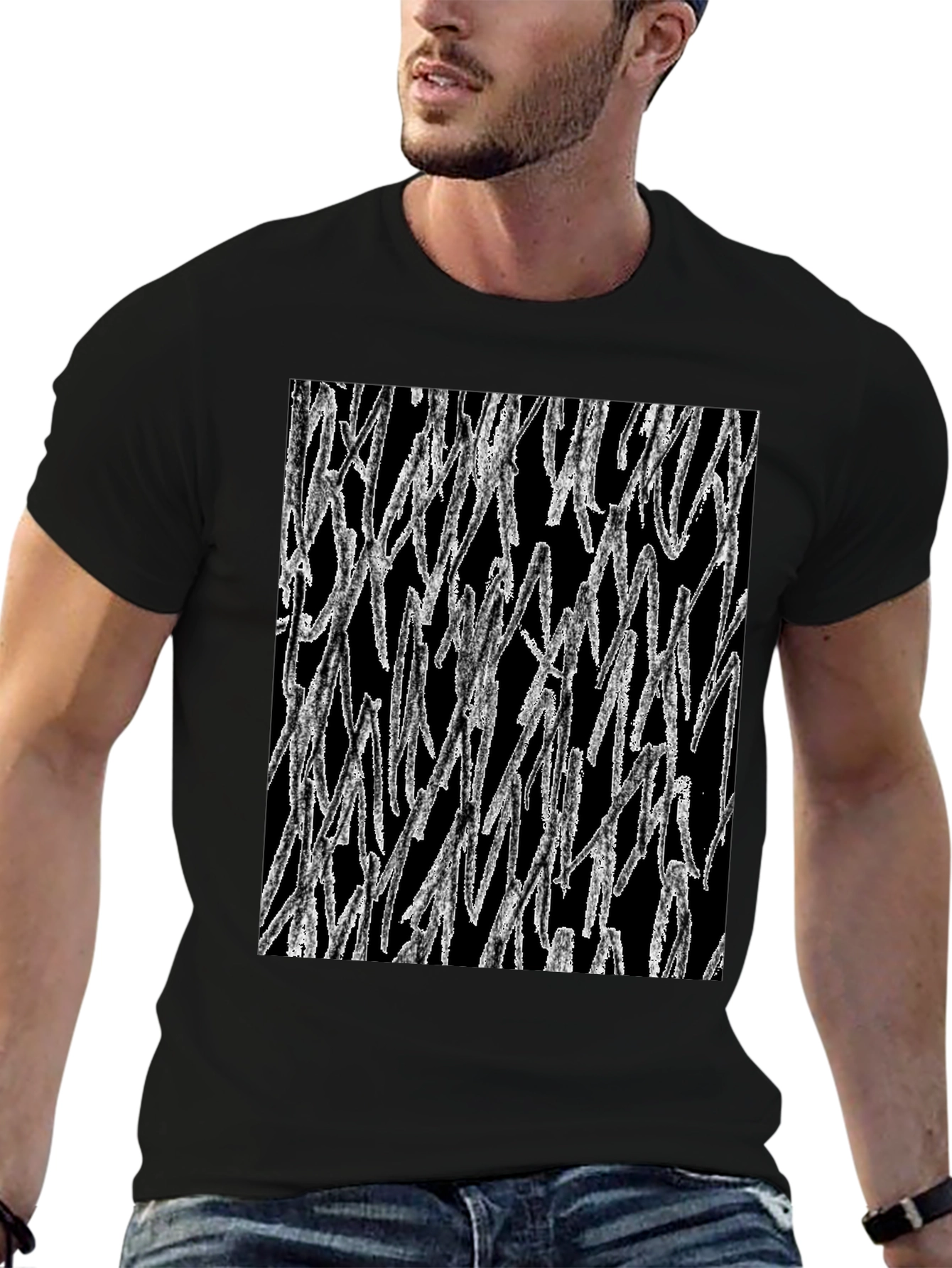 Abstract White Lines Graphic Black T-Shirt
