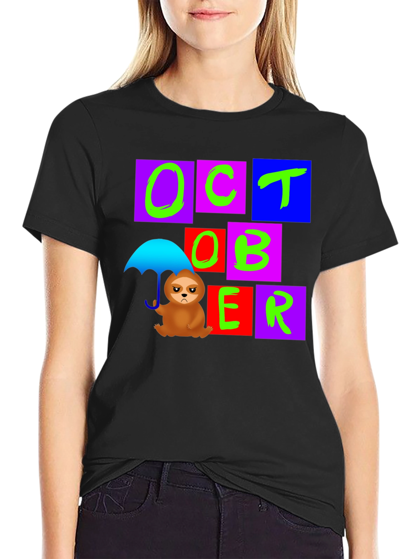 October Sloth Under Umbrella Graphic T-Shirt