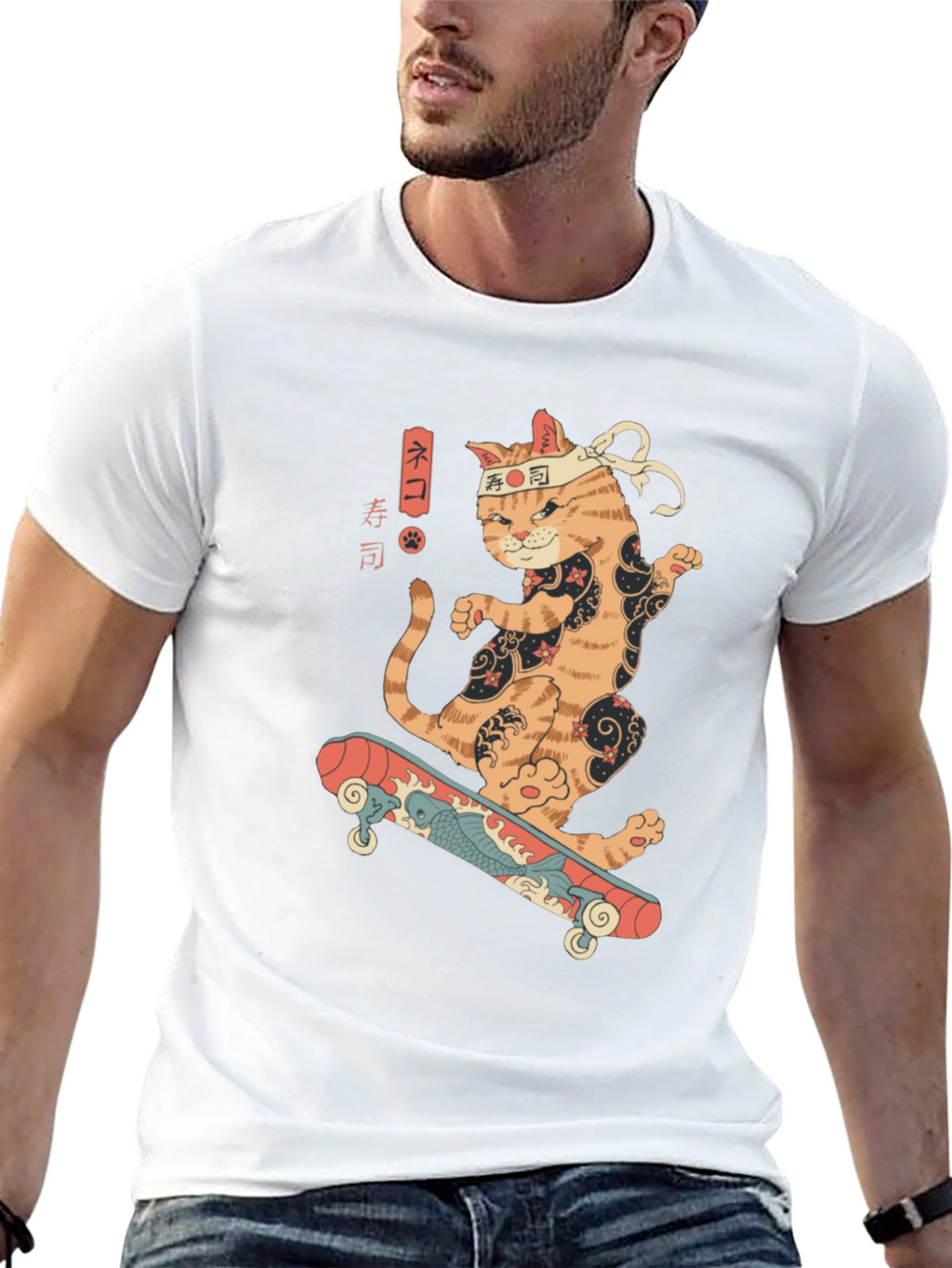 Skateboarding Sushi Cat T-Shirt - Cool Graphic Tee
