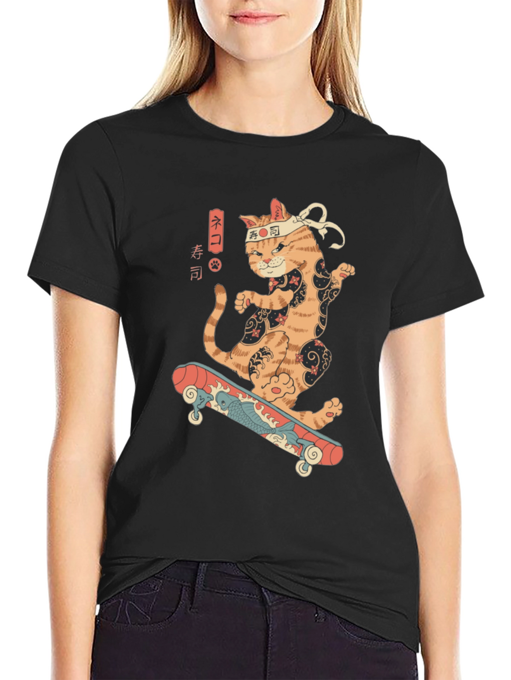 Skateboarding Sushi Cat T-Shirt - Cool Graphic Tee