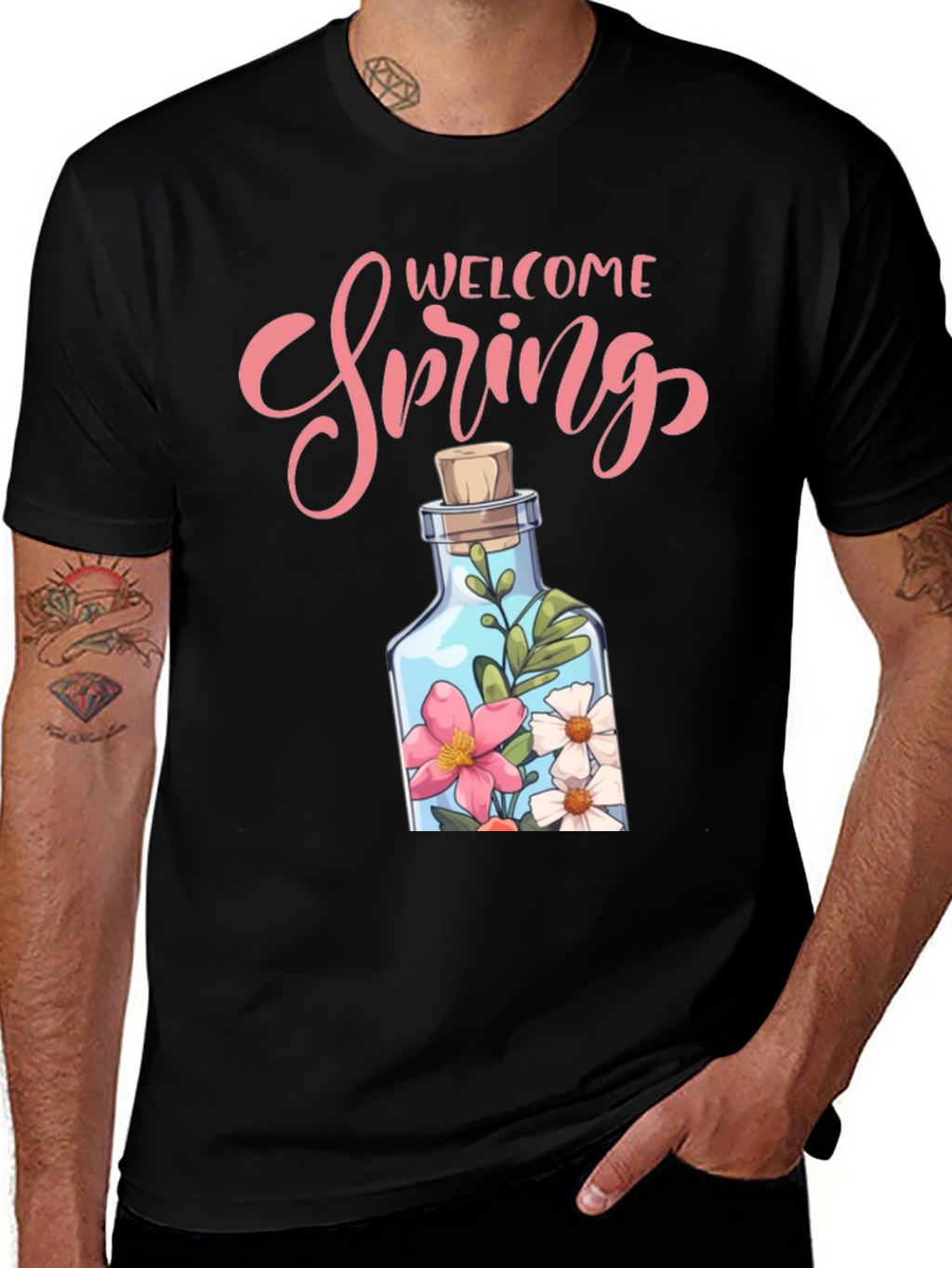 Welcome Spring Graphic Tee - Floral Bottle Design