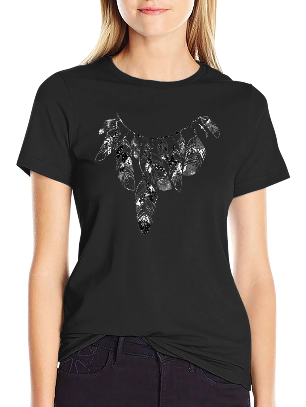 Feather Necklace Print Black T-Shirt