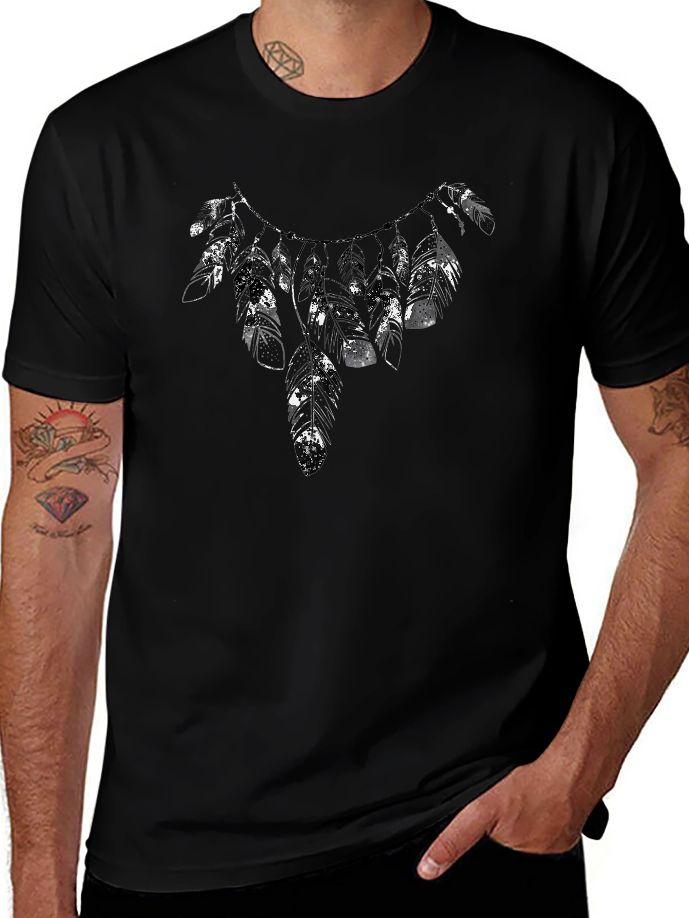 Feather Necklace Print Black T-Shirt