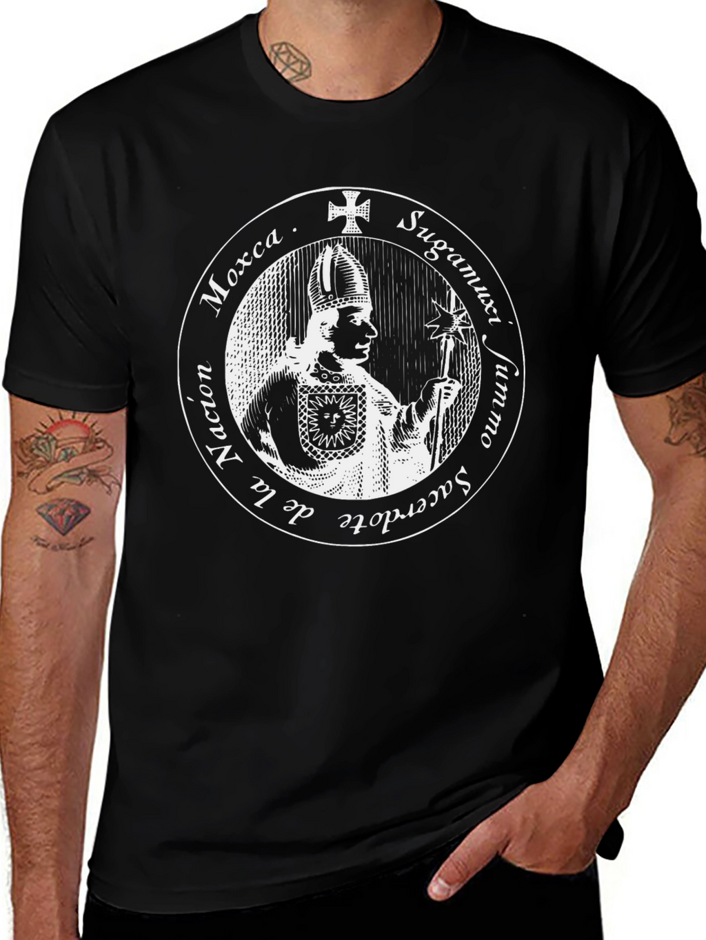 Black T-Shirt with Priest Graphic Design