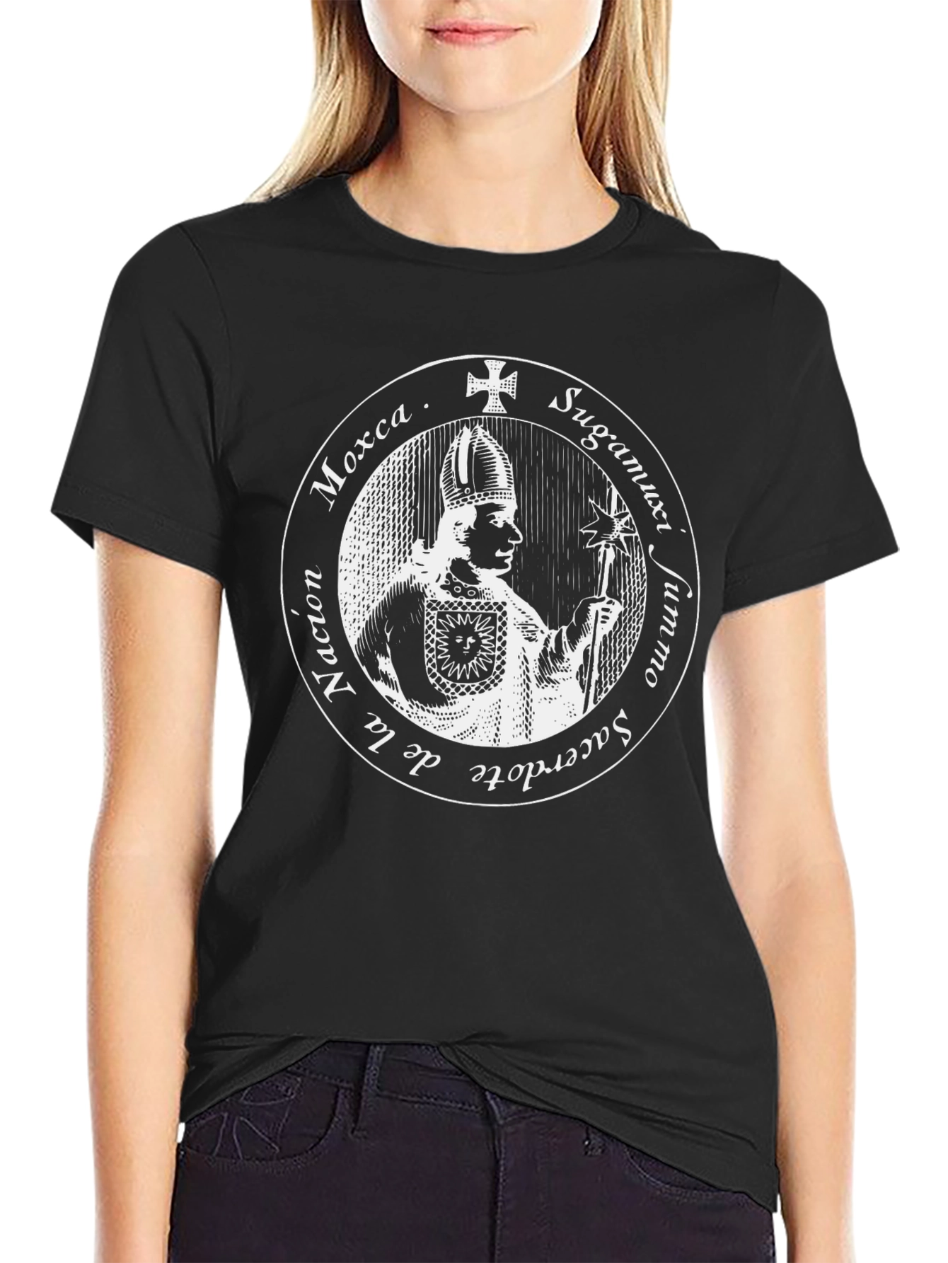 Black T-Shirt with Priest Graphic Design
