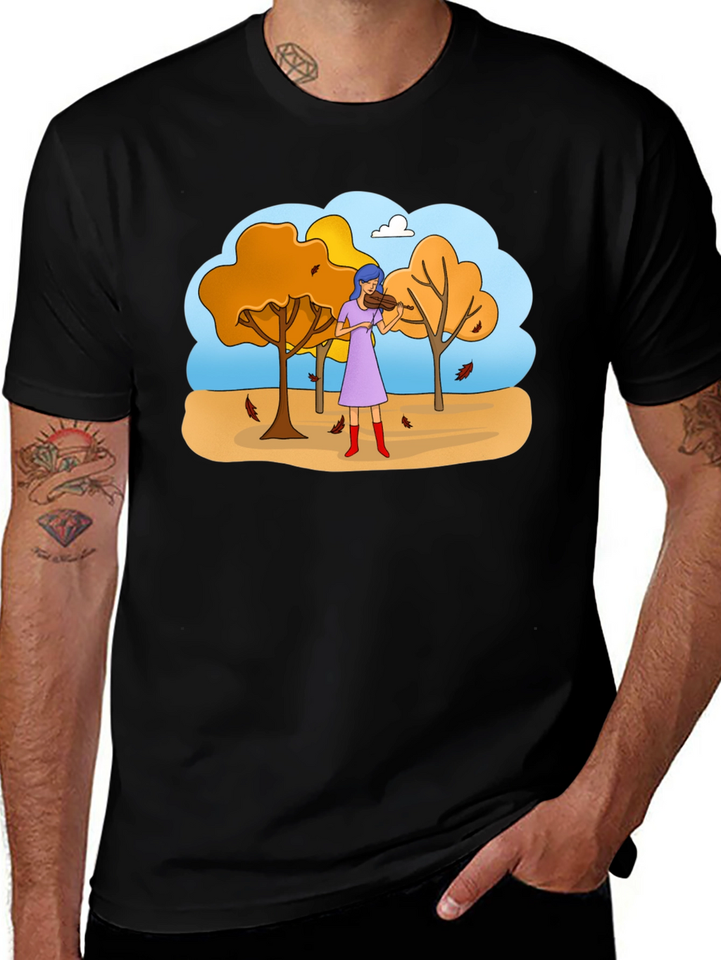 Autumn Violinist Graphic Tee - Unisex Black T-Shirt
