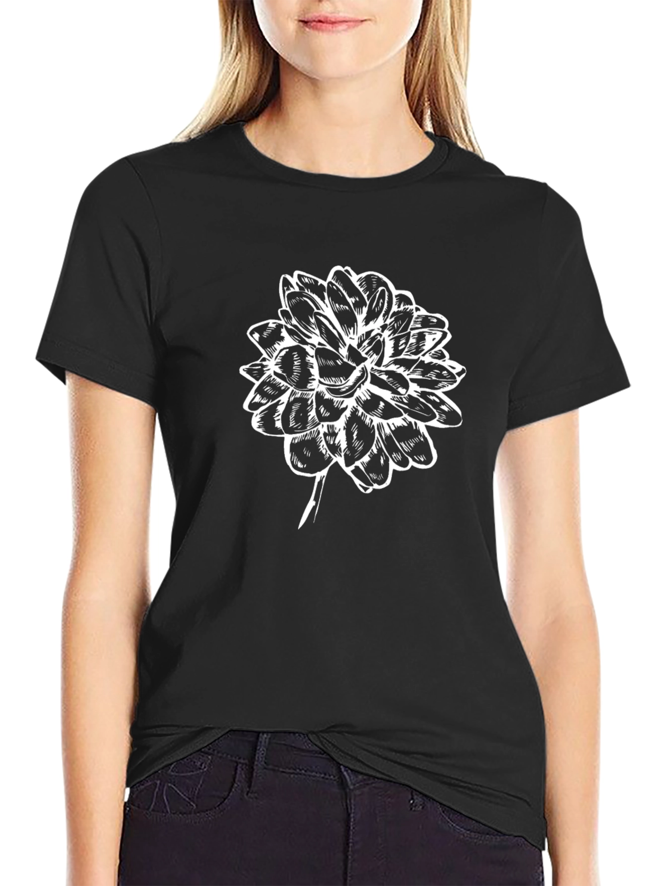 Black T-Shirt with White Floral Graphic