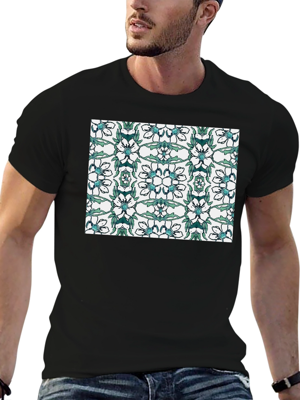 Floral Pattern Black T-Shirt
