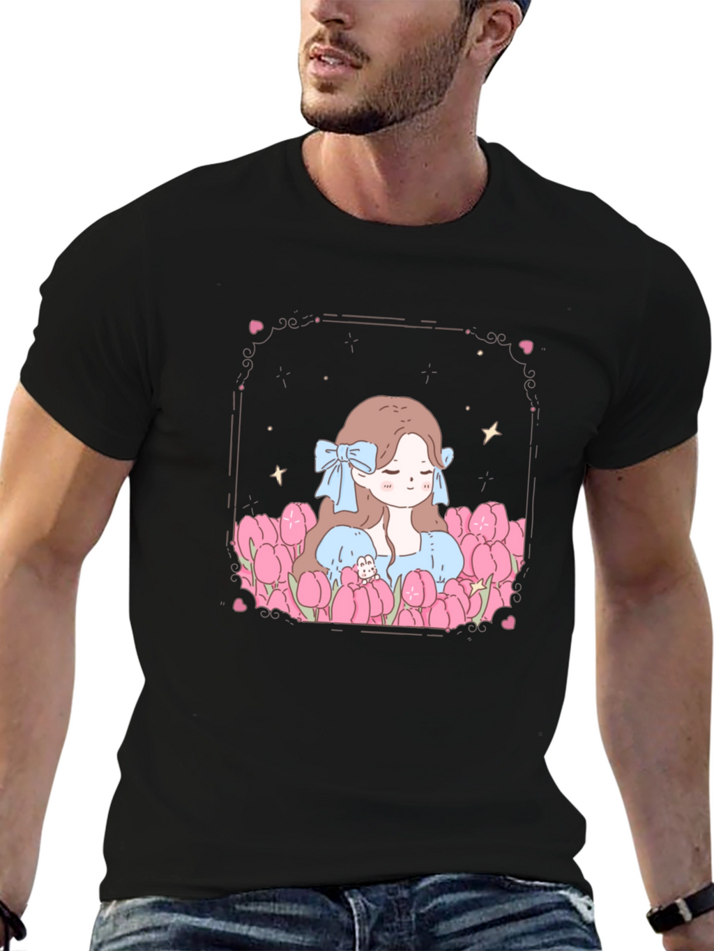 Girl in Tulips Black Graphic Tee