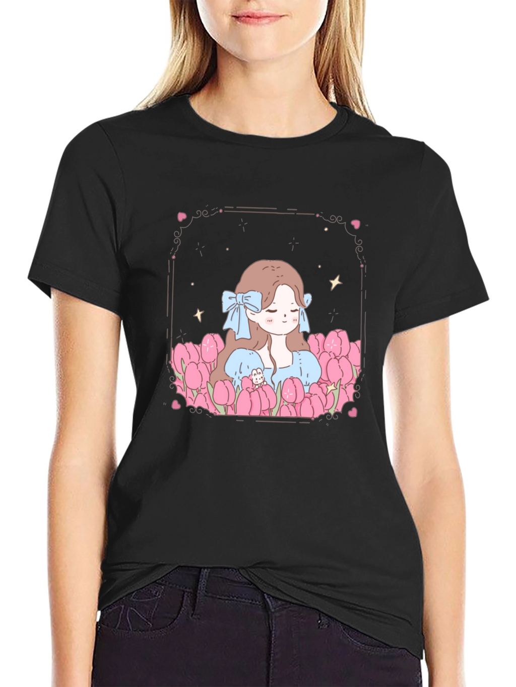 Girl in Tulips Black Graphic Tee