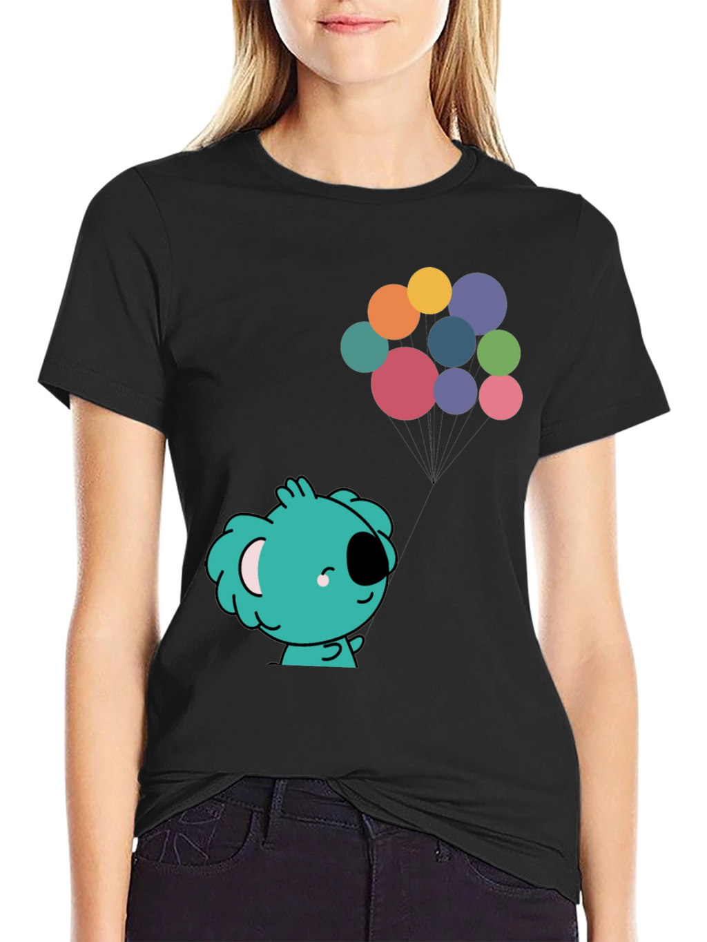 Koala and Balloons Graphic Black T-Shirt