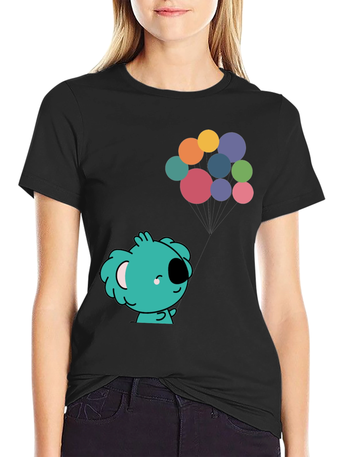 Koala and Balloons Graphic Black T-Shirt