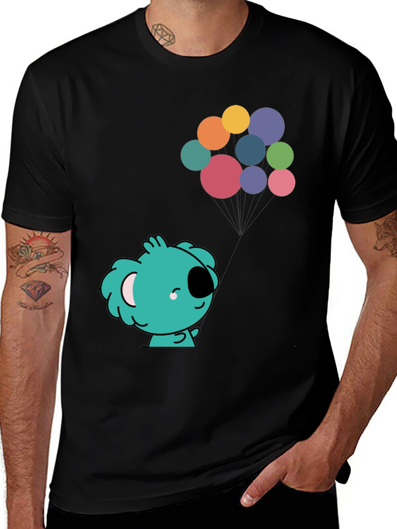 Koala and Balloons Graphic Black T-Shirt