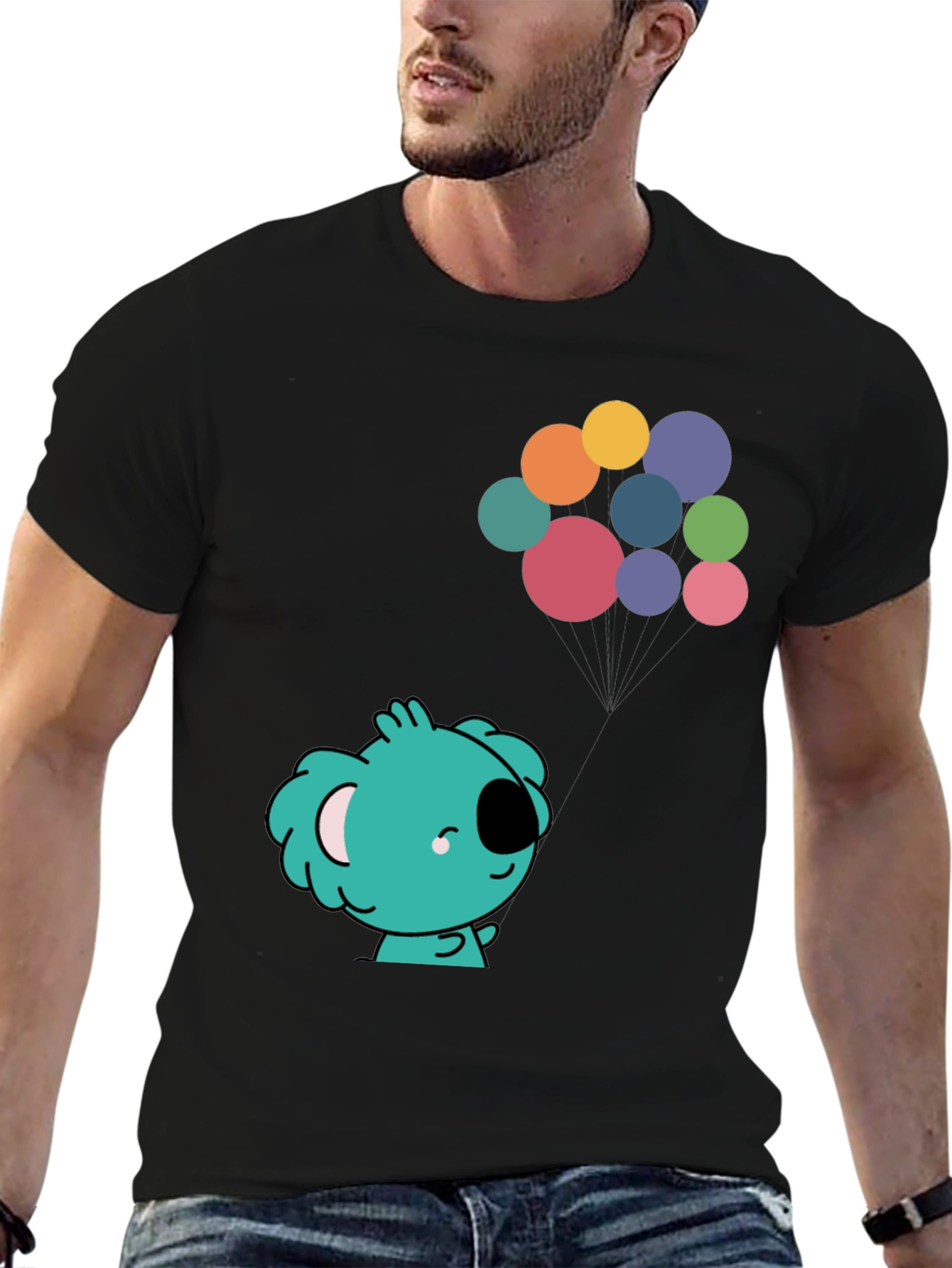 Koala and Balloons Graphic Black T-Shirt