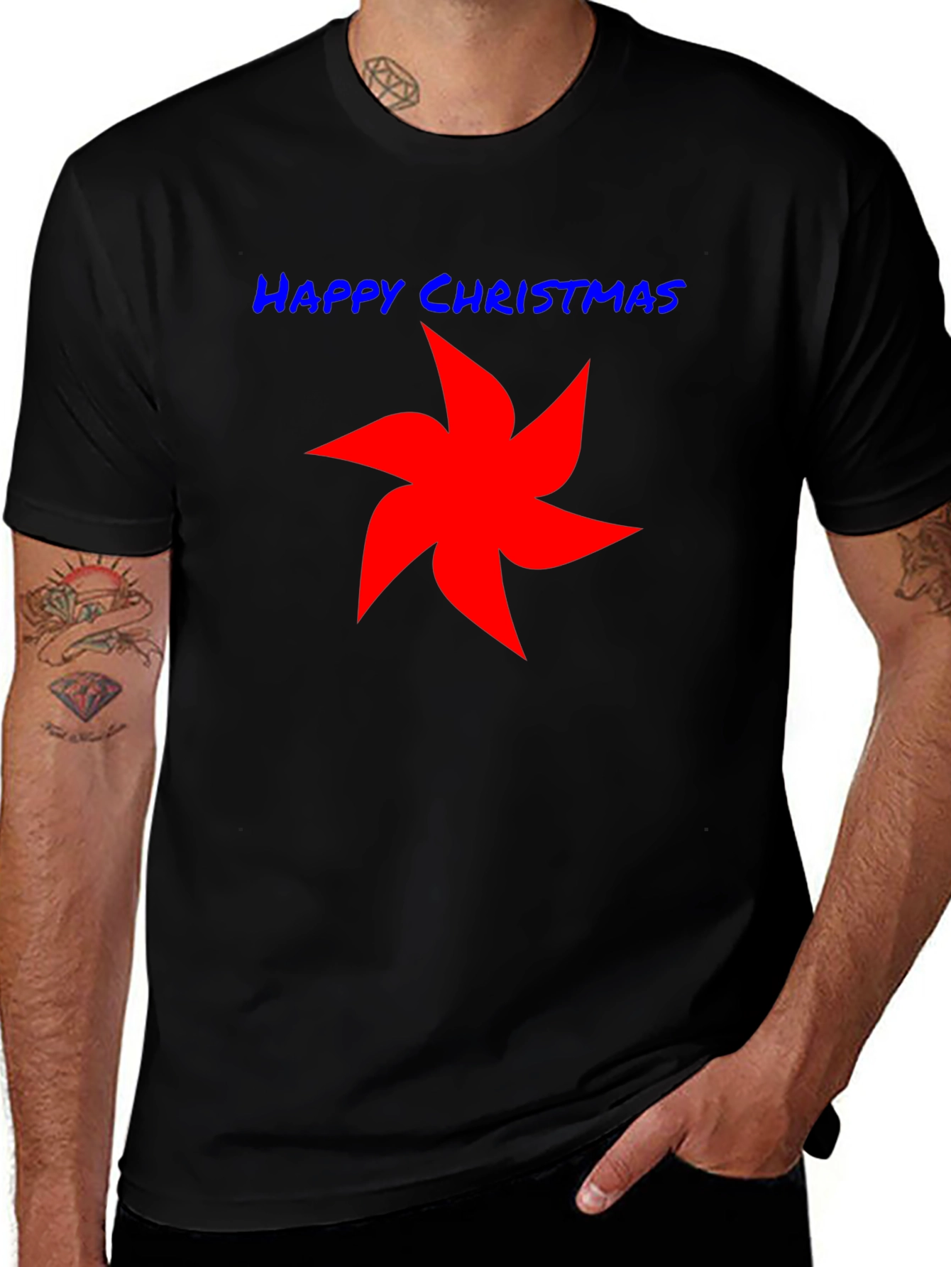Happy Christmas Star Graphic Tee - Black Cotton Shirt