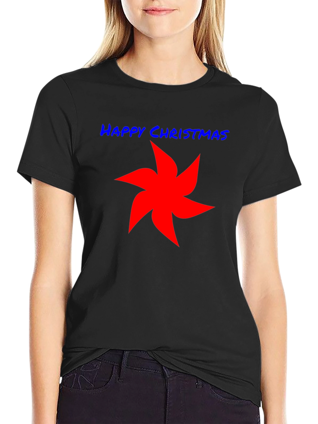 Happy Christmas Star Graphic Tee - Black Cotton Shirt