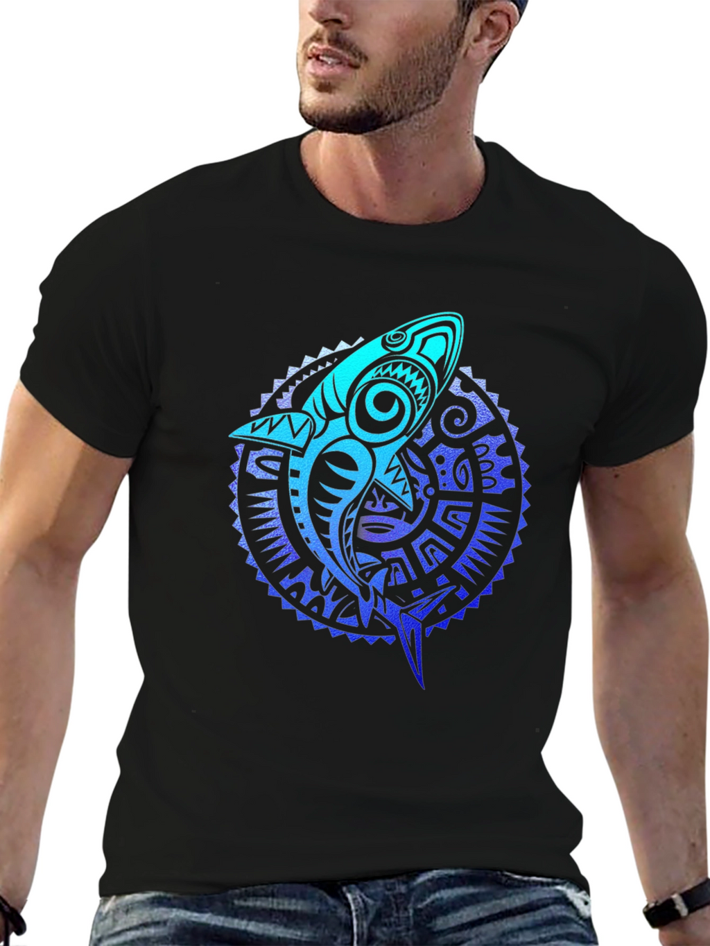 Tribal Shark Graphic Tee - Black