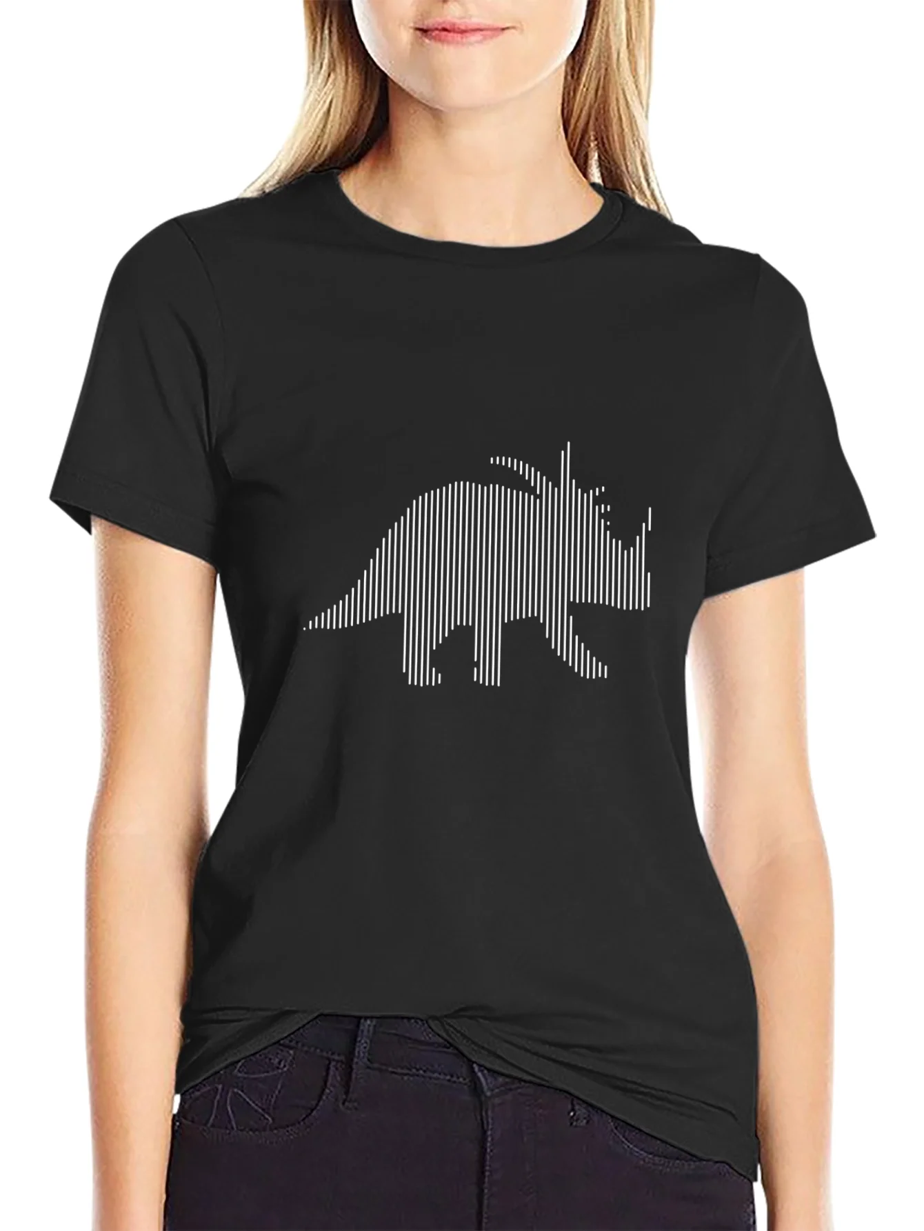 Striped Triceratops Graphic Tee - Black Cotton T-Shirt
