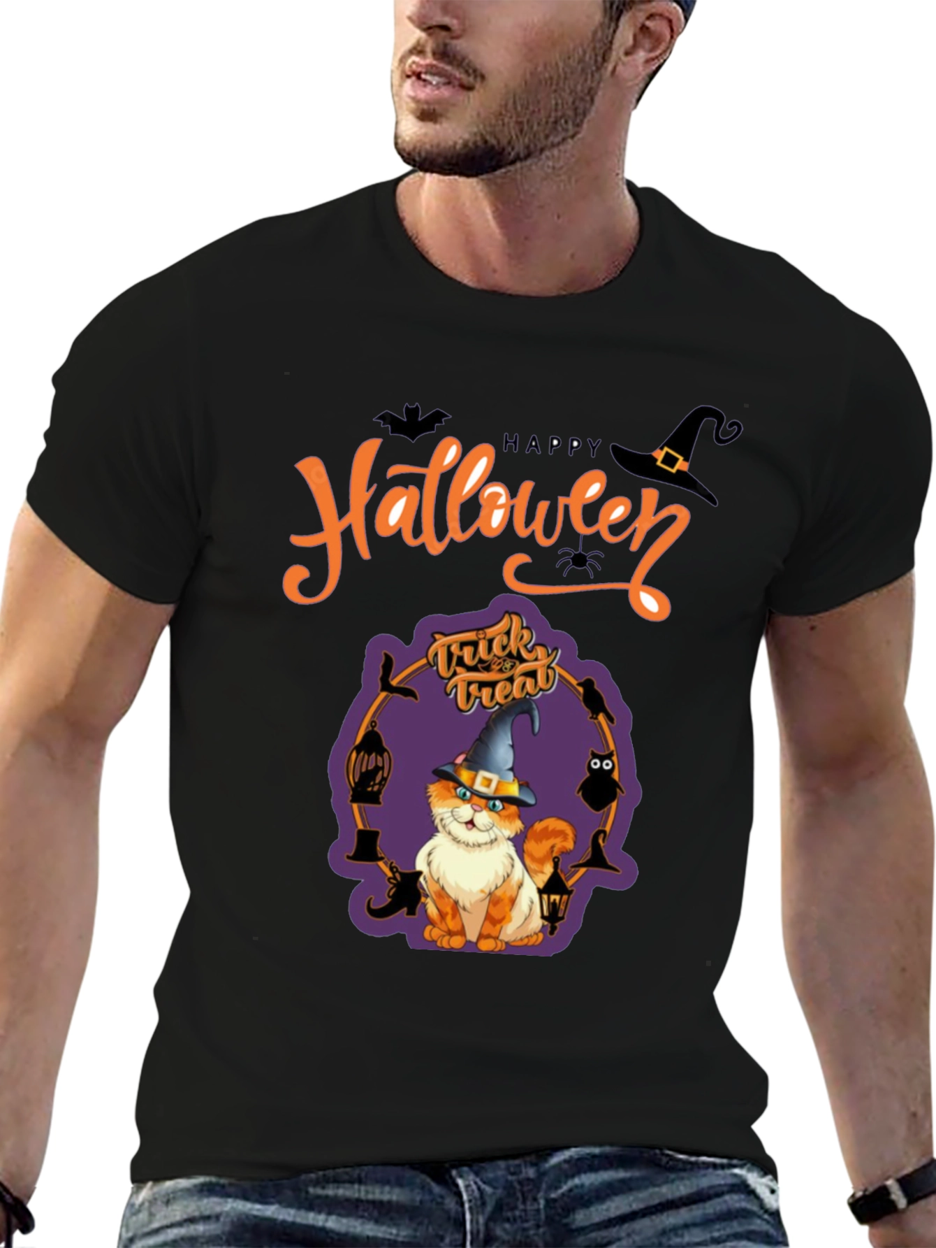 Halloween Cat Graphic Tee - Spooky Season Shirt